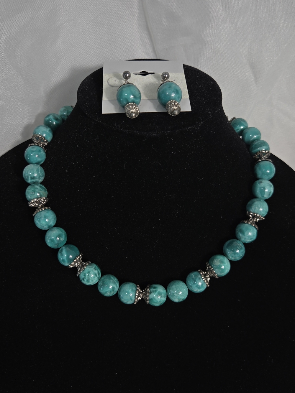 Vintage Estate Natural Stone Beaded Statement Set - Teal & Silver